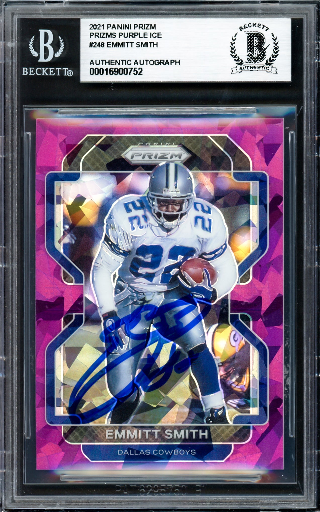 Emmitt Smith Autographed 2021 Panini Prizm Prizms Purple Ice Card #248 Dallas Cowboys #054/225 Beckett BAS #16900752