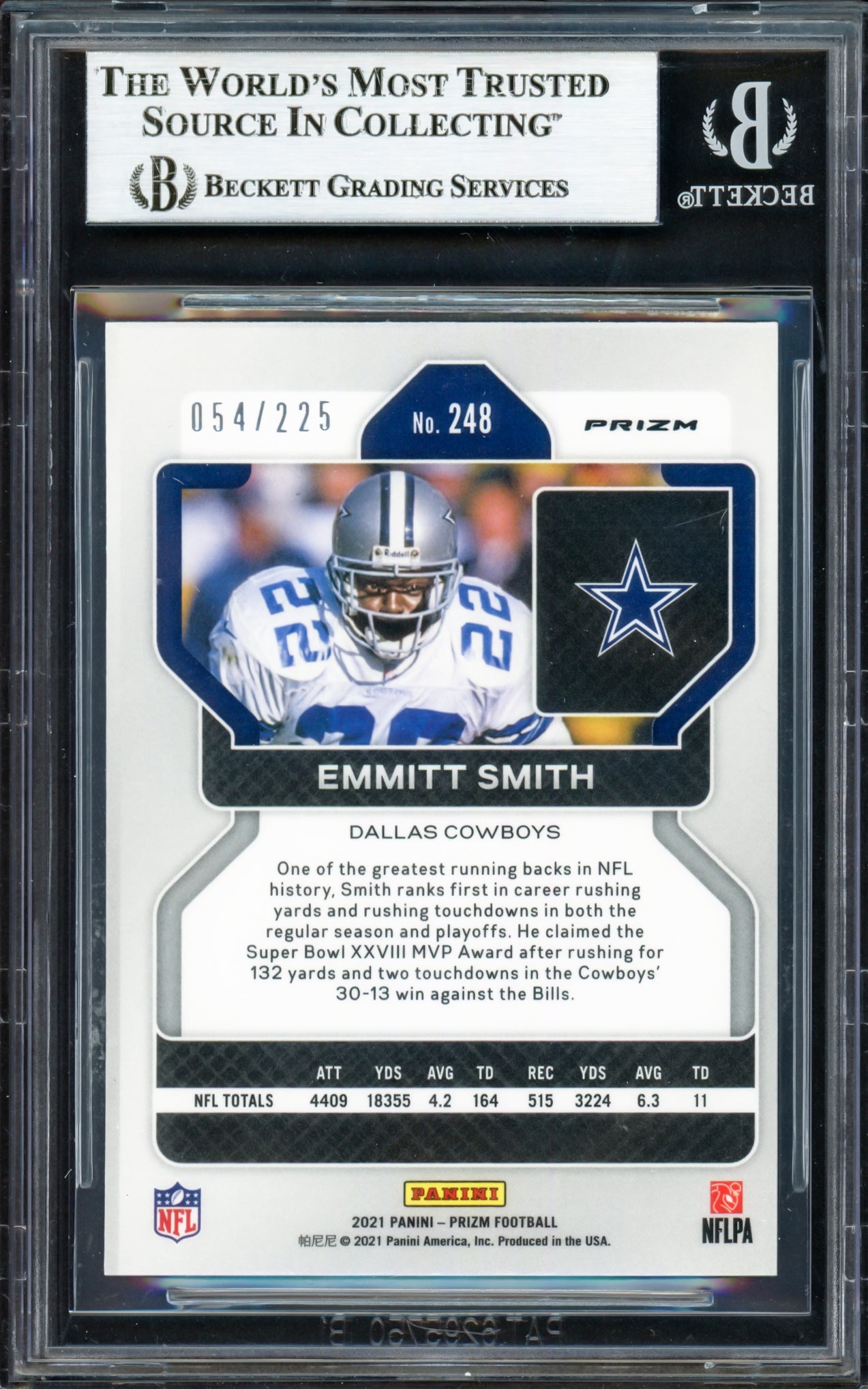 Emmitt Smith Autographed 2021 Panini Prizm Prizms Purple Ice Card #248 Dallas Cowboys #054/225 Beckett BAS #16900752