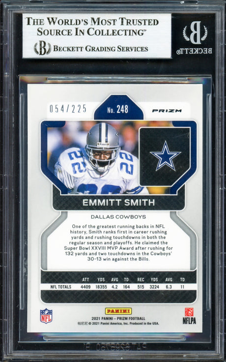 Emmitt Smith Autographed 2021 Panini Prizm Prizms Purple Ice Card #248 Dallas Cowboys #054/225 Beckett BAS #16900752