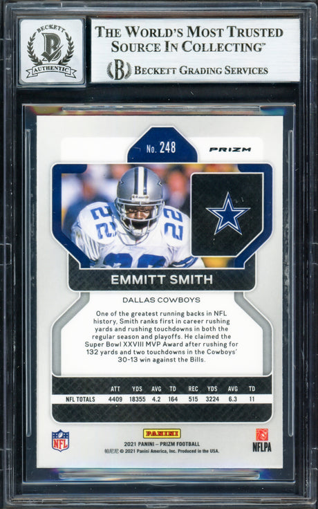 Emmitt Smith Autographed 2021 Panini Prizm Prizms Red White & Blue Card #248 Dallas Cowboys Auto Grade Gem Mint 10 Beckett BAS #16890467