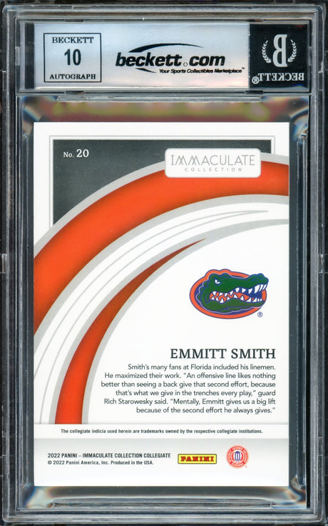 Emmitt Smith Autographed 2022 Immaculate Collection Collegiate Ruby Card #20 Dallas Cowboys Auto Grade Gem Mint 10 #15/99 Beckett BAS #16898031