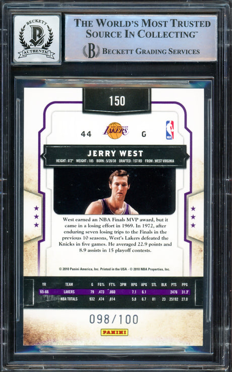 Jerry West Autographed 2009-10 Classics Timeless Tributes Silver Card #150 Los Angeles Lakers Auto Grade Gem Mint 10 #098/100 Beckett BAS #16622159