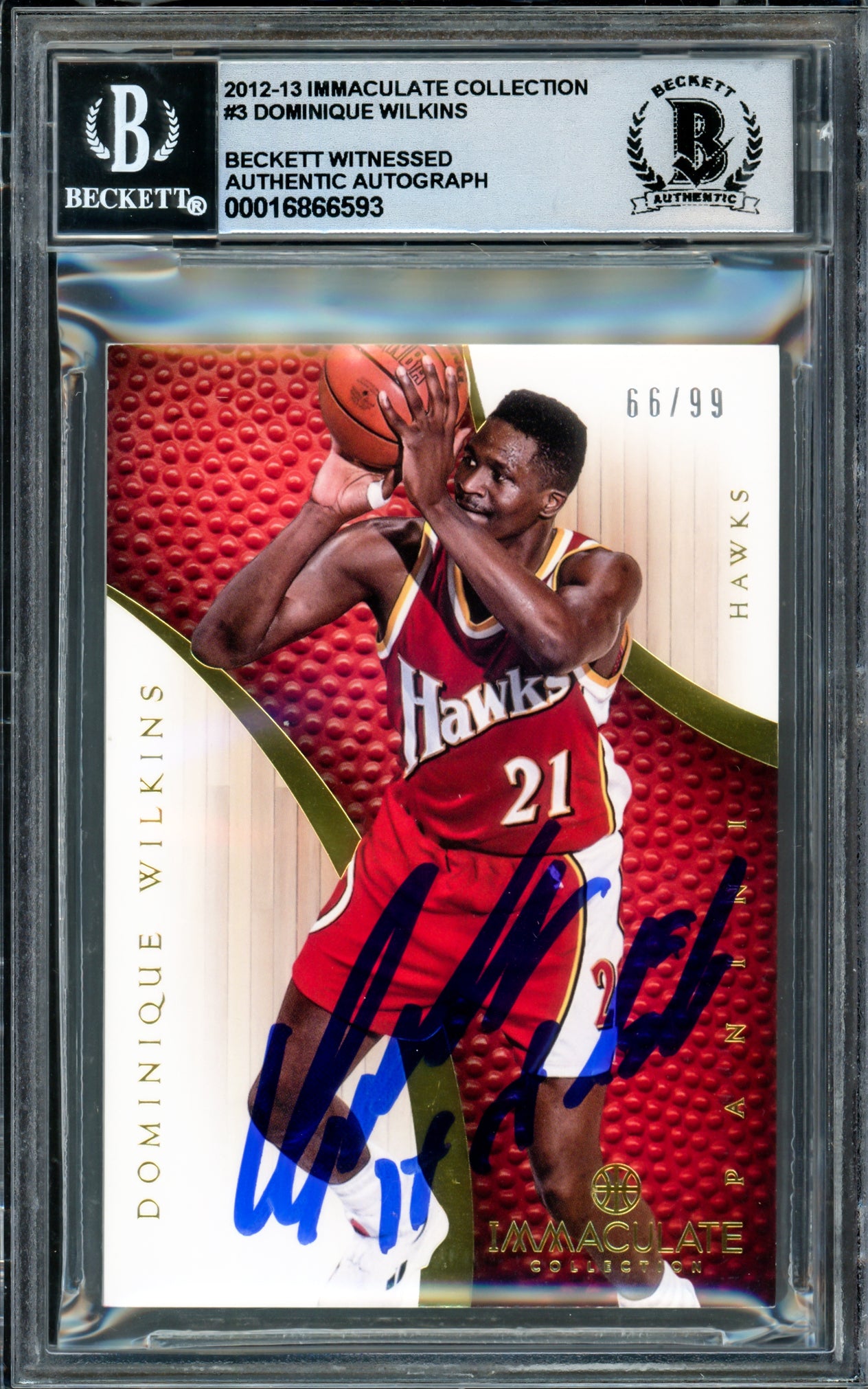 Dominique Wilkins Autographed 2012-13 Immaculate Collection Card #3 Atlanta Hawks Auto Grade Gem Mint 10 "HH Film" #66/99 Beckett BAS Witness #16866593