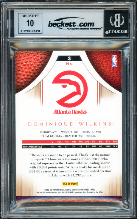 Dominique Wilkins Autographed 2012-13 Immaculate Collection Card #3 Atlanta Hawks Auto Grade Gem Mint 10 "HH Film" #11/99 Beckett BAS Witness #16866595