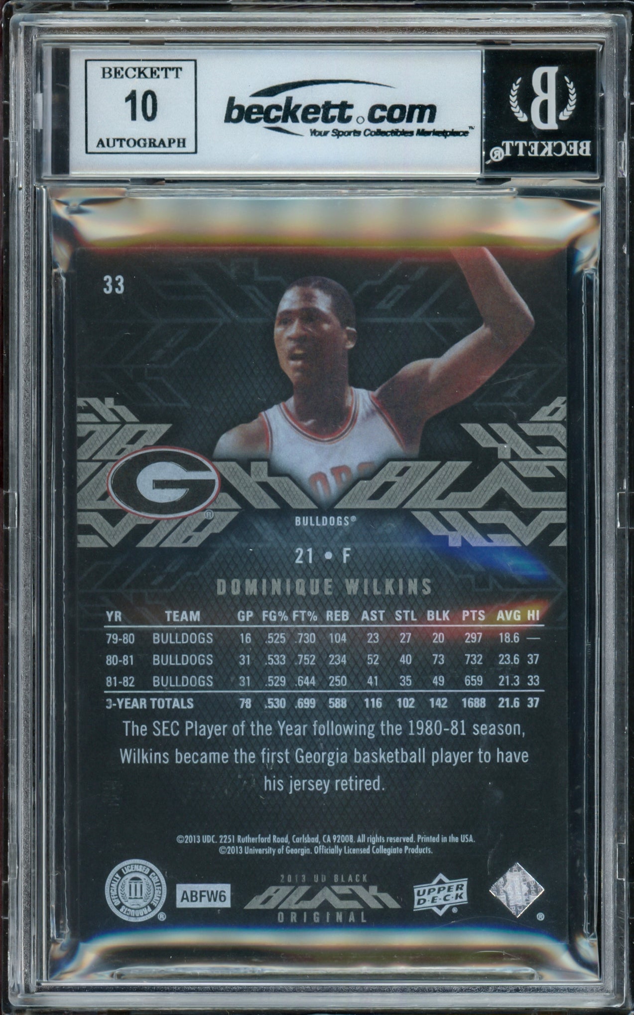 Dominique Wilkins Autographed 2013-14 Upper Deck Black Card #33 Atlanta Hawks Auto Grade Gem Mint 10 "HH Film" #108/175 Beckett BAS Witness #16866619