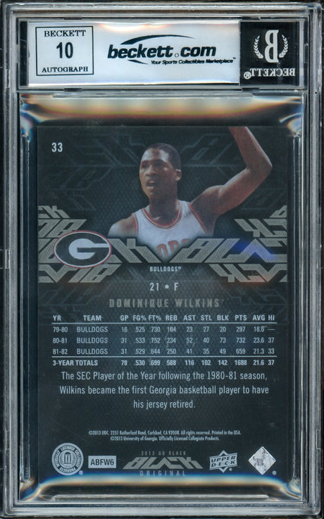 Dominique Wilkins Autographed 2013-14 Upper Deck Black Card #33 Atlanta Hawks Auto Grade Gem Mint 10 "HH Film" #070/175 Beckett BAS Witness #16866621