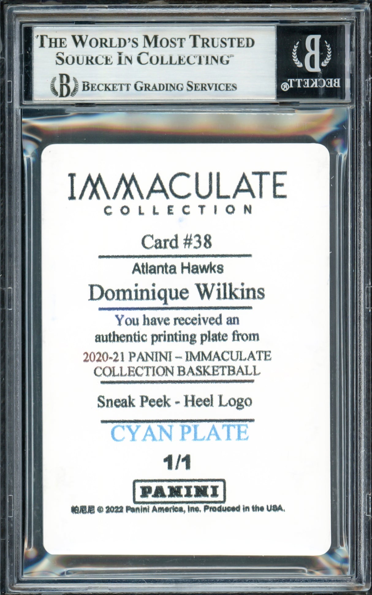 Dominique Wilkins Autographed 2020-21 Immaculate Collection Sneak Peak Printing Plates Cyan Card #38 Atlanta Hawks "HH Film" #1/1 Beckett BAS Witness #16872123