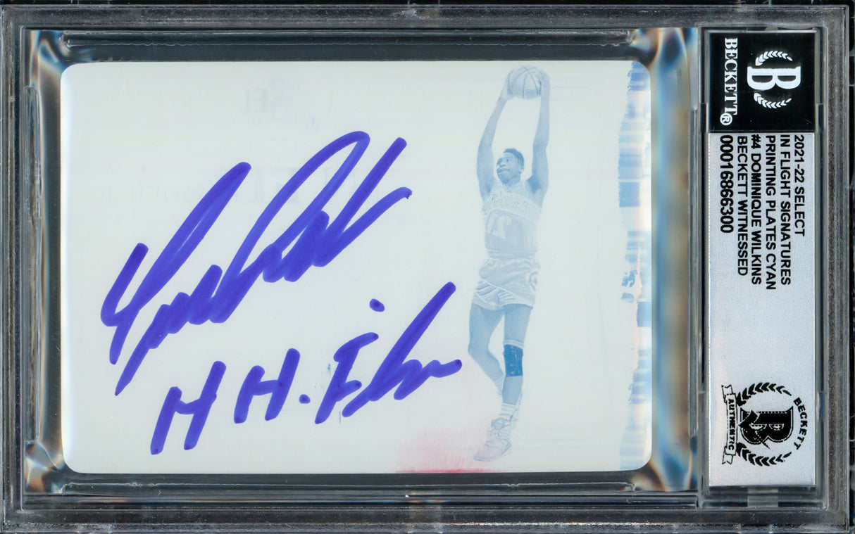 Dominique Wilkins Autographed 2021-22 Select In Flight Printing Plates Cyan Card #4 Atlanta Hawks Auto Grade Gem Mint 10 "HH Film" #1/1 Beckett BAS Witness #16866300