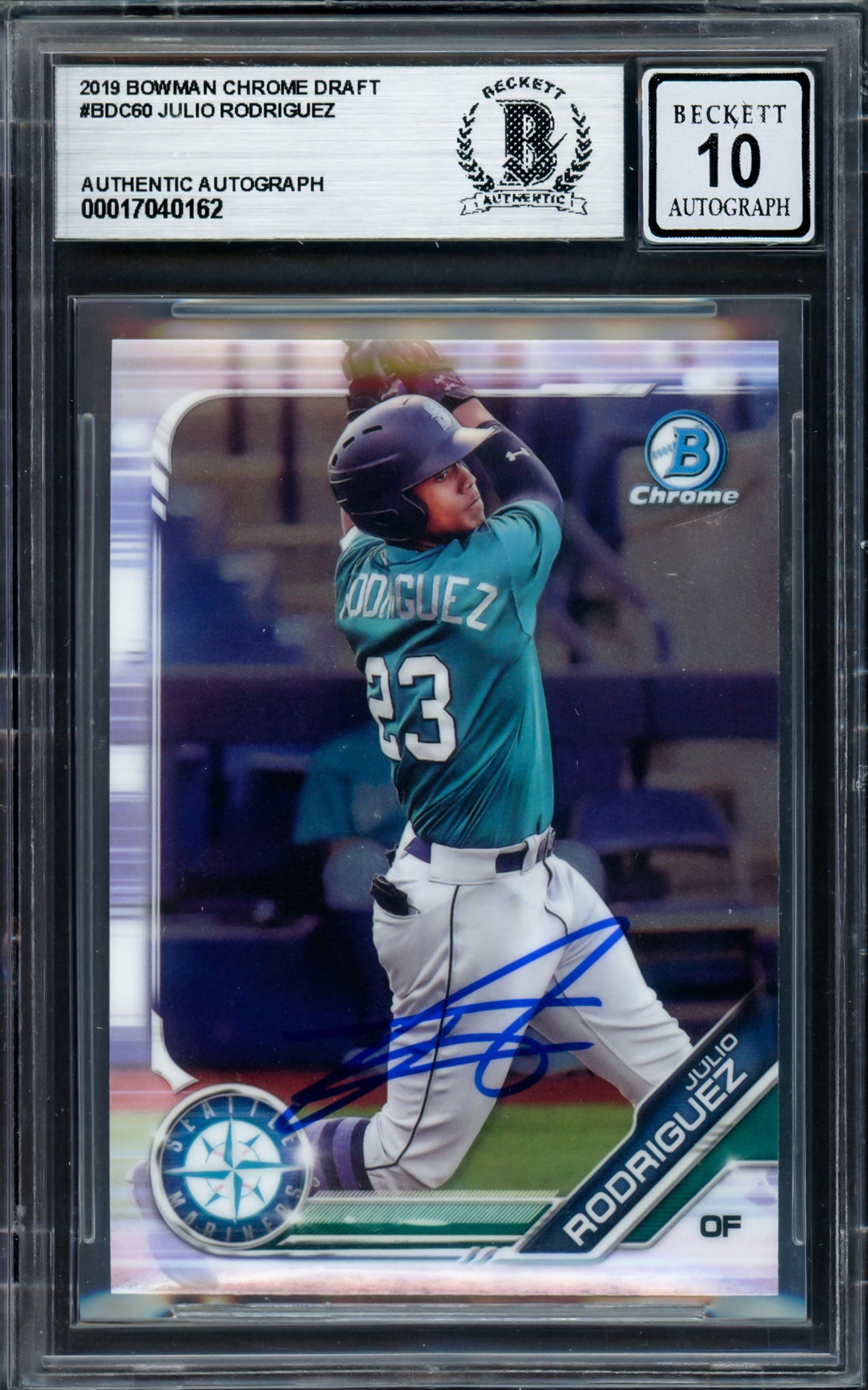 Julio Rodriguez Autographed 2019 Bowman Chrome Draft Rookie Card #BDC60 Seattle Mariners Auto Grade Gem Mint 10 Beckett BAS #17040162