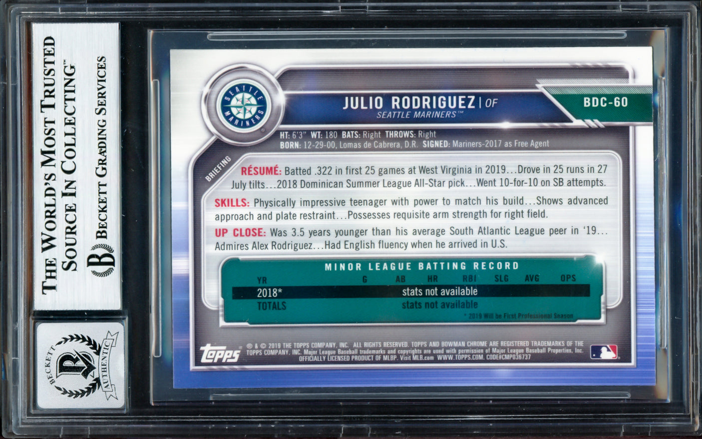 Julio Rodriguez Autographed 2019 Bowman Chrome Draft Rookie Card #BDC60 Seattle Mariners Auto Grade Gem Mint 10 Beckett BAS #17040162