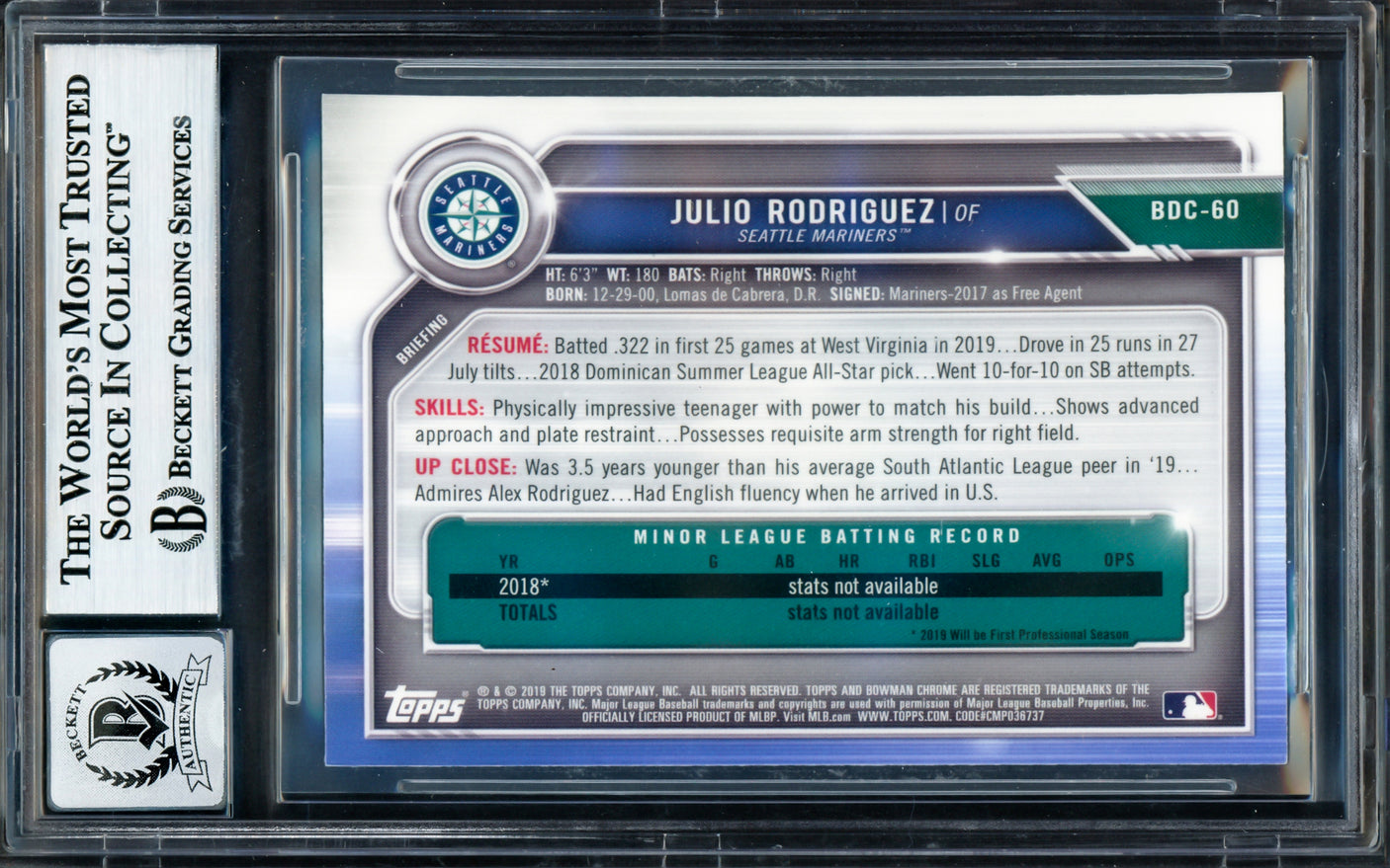 Julio Rodriguez Autographed 2019 Bowman Chrome Draft Rookie Card #BDC60 Seattle Mariners Auto Grade Gem Mint 10 Beckett BAS #17040163