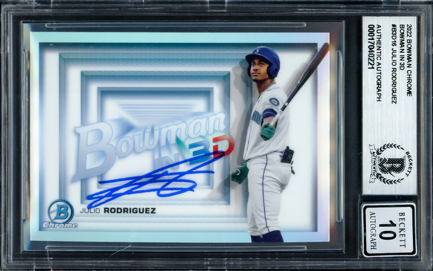 Julio Rodriguez Autographed 2022 Bowman Chrome in 3D Rookie Card #B3D-16 Seattle Mariners Auto Grade Gem Mint 10 Beckett BAS #17040221