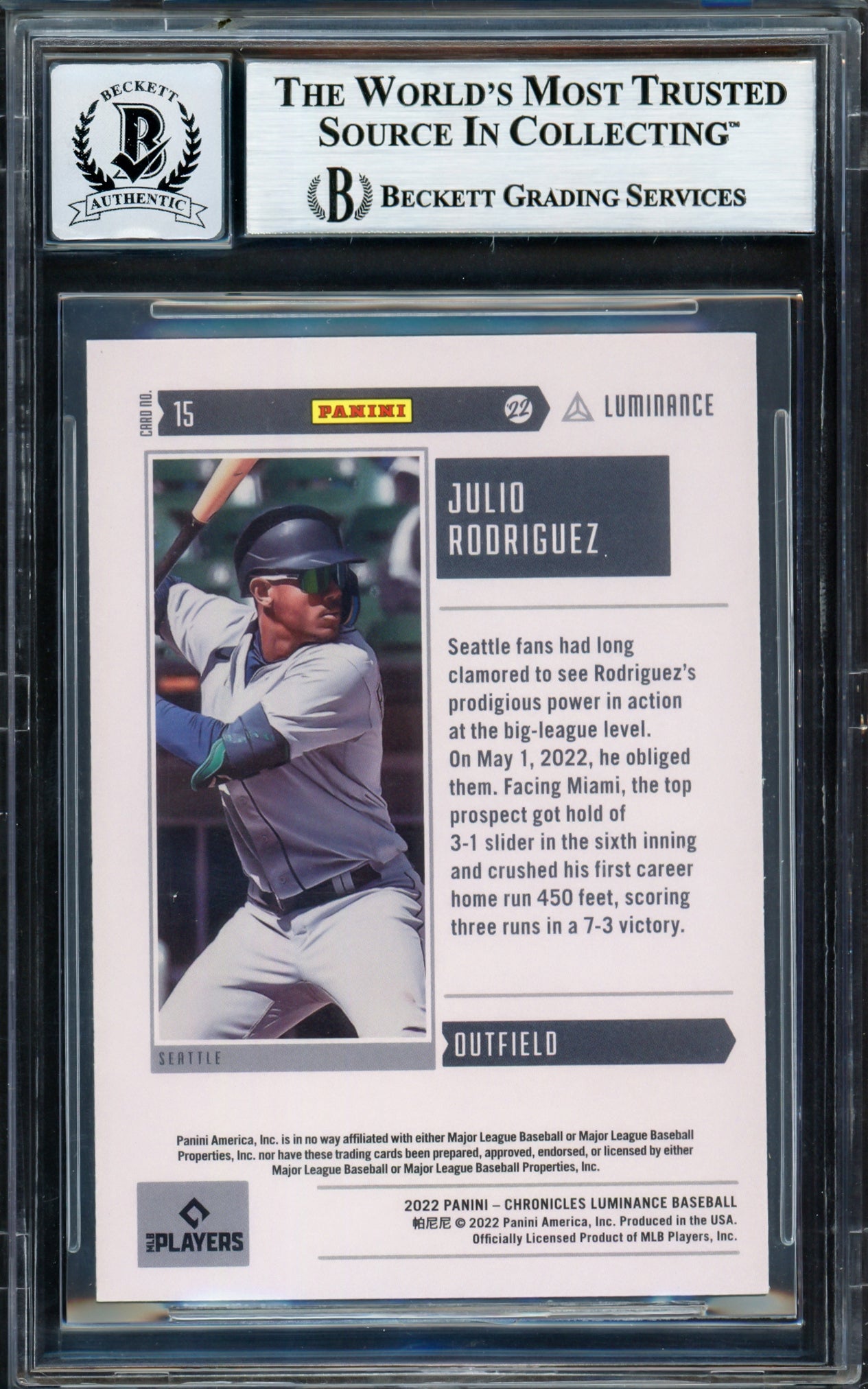 Julio Rodriguez Autographed 2022 Panini Luminance Rookie Card #15 Seattle Mariners Auto Grade Gem Mint 10 Beckett BAS #17040177