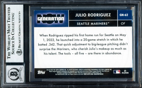 Julio Rodriguez Autographed 2022 Topps Generation Now Rookie Card #GN-62 Seattle Mariners Auto Grade Gem Mint 10 Beckett BAS #17040206