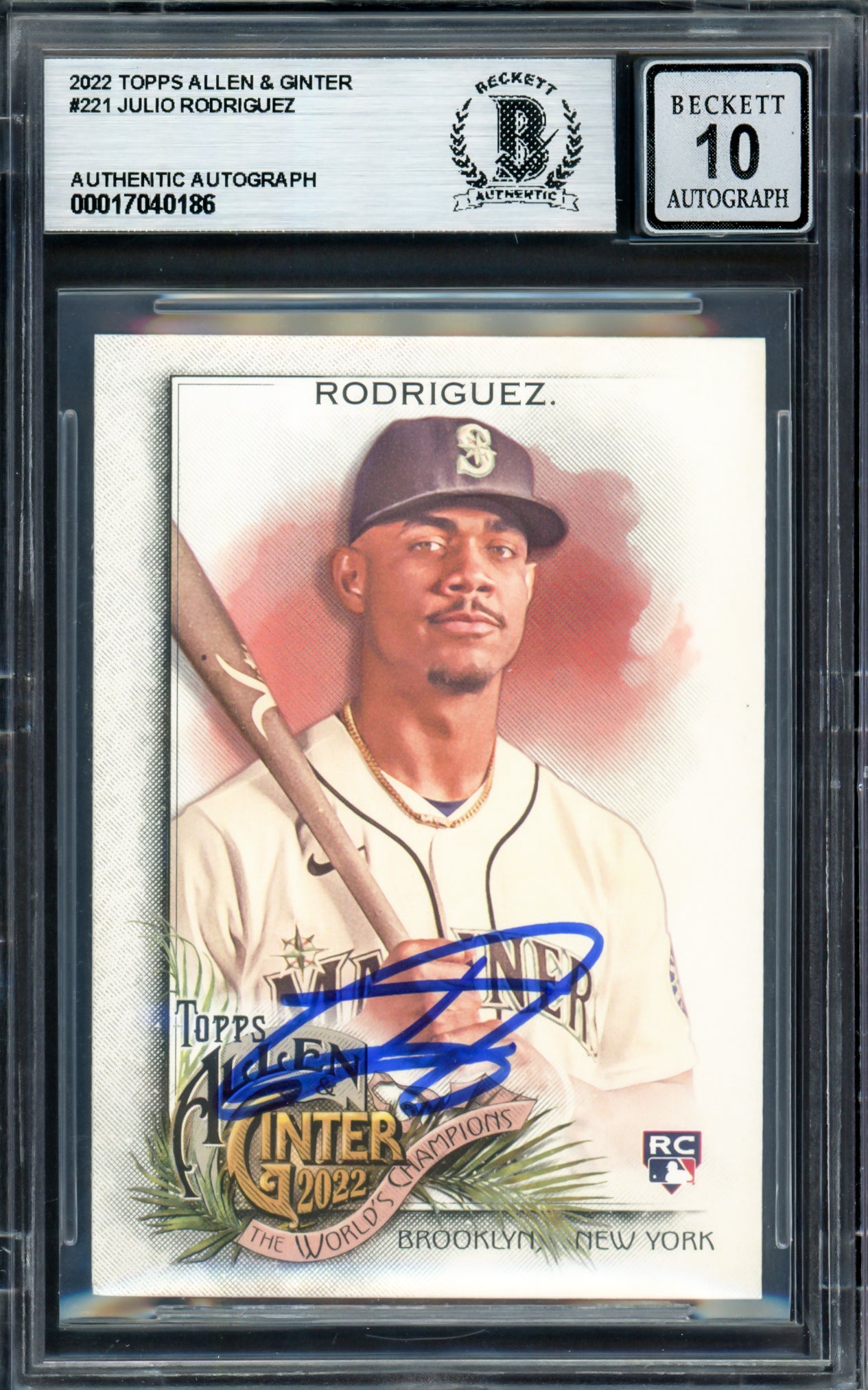 Julio Rodriguez Autographed 2022 Topps Allen & Ginter Rookie Card #221 Seattle Mariners Auto Grade Gem Mint 10 Beckett BAS #17040186