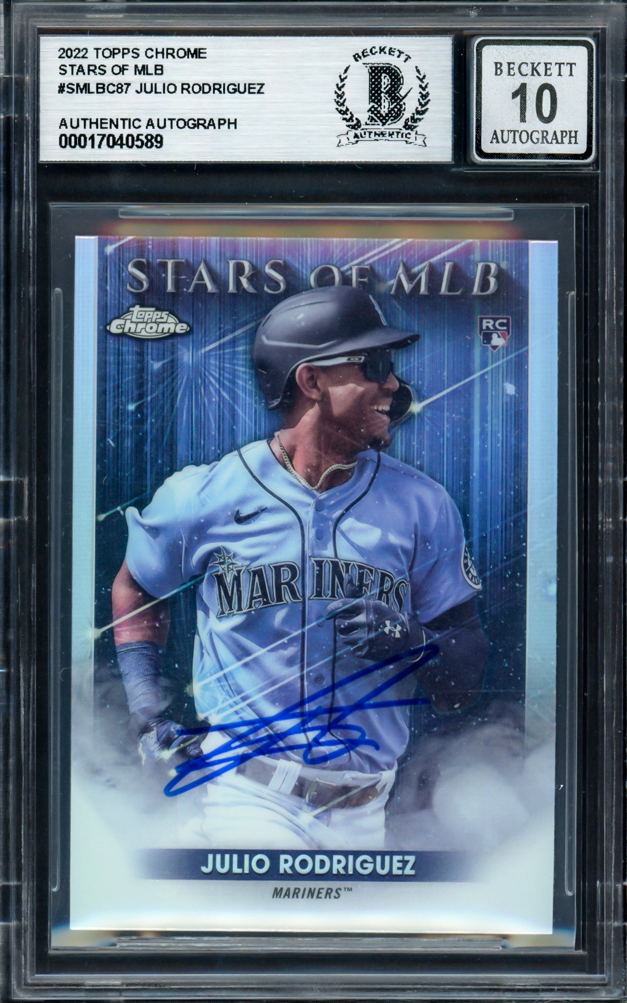 Julio Rodriguez Autographed 2022 Topps Chrome Stars of MLB Rookie Card #SMLB-87 Seattle Mariners Auto Grade Gem Mint 10 Beckett BAS #17040589