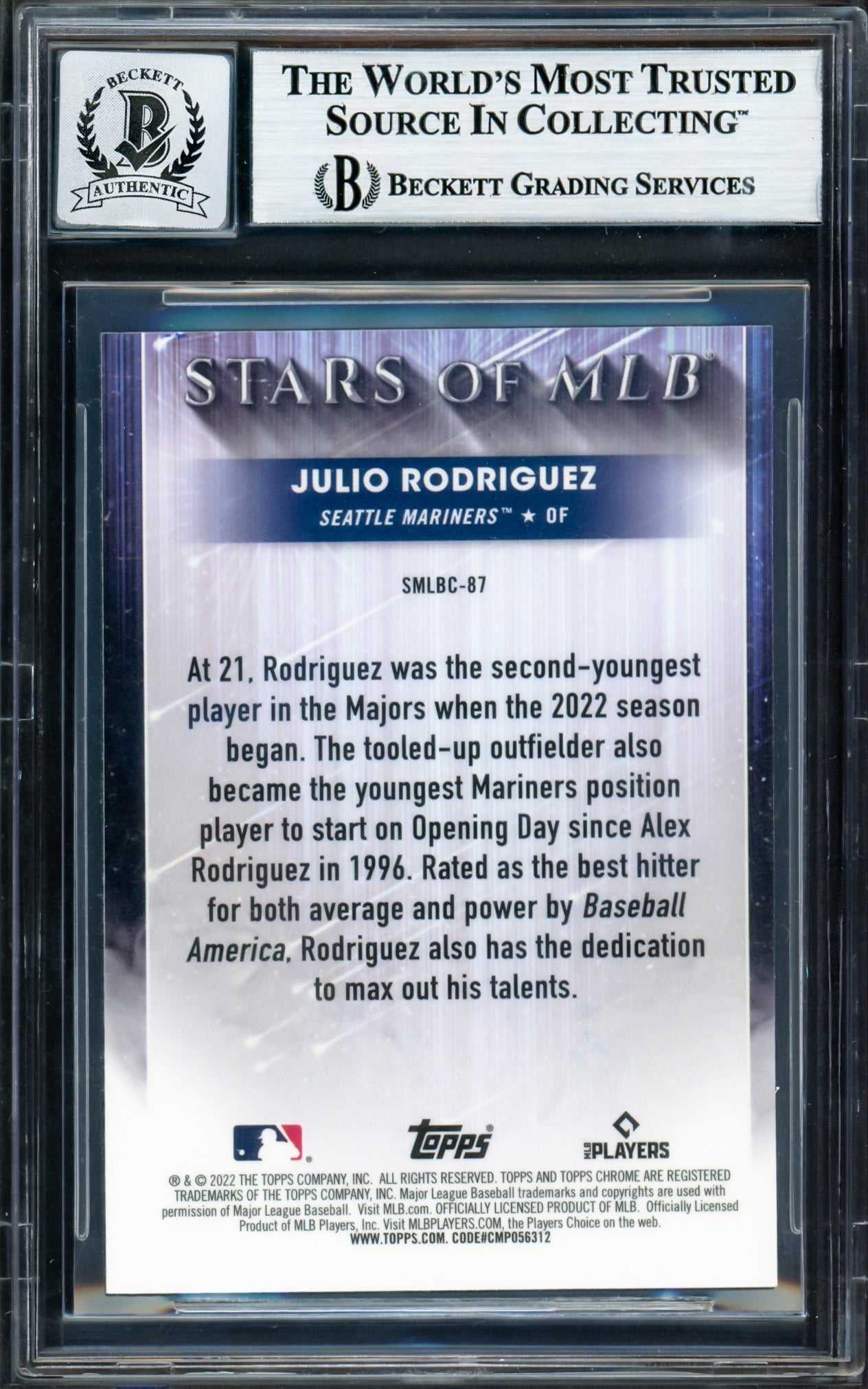 Julio Rodriguez Autographed 2022 Topps Chrome Stars of MLB Rookie Card #SMLB-87 Seattle Mariners Auto Grade Gem Mint 10 Beckett BAS #17040589