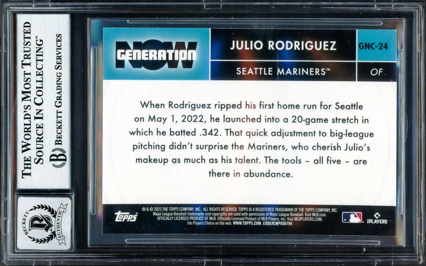 Julio Rodriguez Autographed 2022 Topps Chrome Generation Now Rookie Card #GNC-24 Seattle Mariners Auto Grade Gem Mint 10 Beckett BAS #17040131