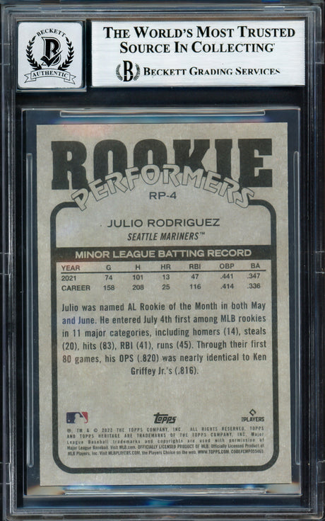 Julio Rodriguez Autographed 2022 Topps Heritage Rookie Performers Rookie Card #RP-4 Seattle Mariners Auto Grade Gem Mint 10 Beckett BAS #17040490