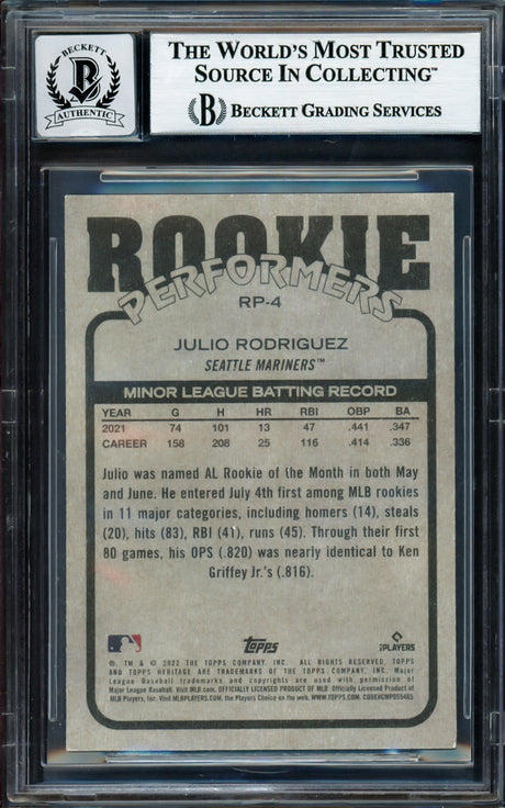 Julio Rodriguez Autographed 2022 Topps Heritage Rookie Performers Rookie Card #RP-4 Seattle Mariners Auto Grade Gem Mint 10 Beckett BAS #17040491