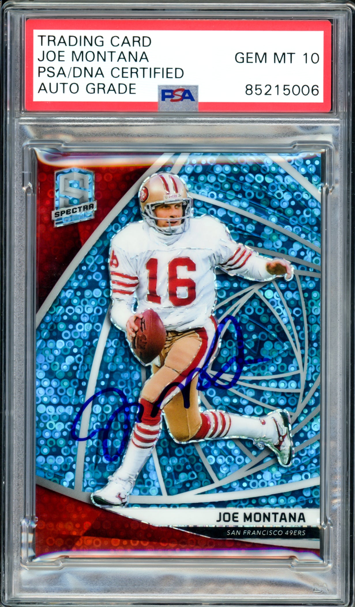 Joe Montana Autographed 2019 Panini Spectra Blue Prizm Card #4 San Francisco 49ers Auto Grade Gem Mint 10 #15/60 PSA/DNA #85215006