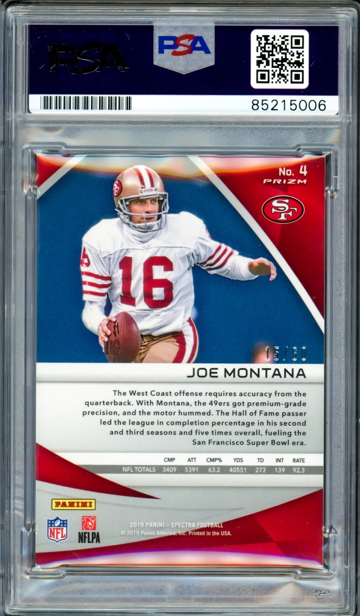 Joe Montana Autographed 2019 Panini Spectra Blue Prizm Card #4 San Francisco 49ers Auto Grade Gem Mint 10 #15/60 PSA/DNA #85215006