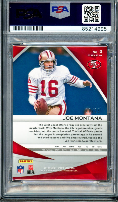 Joe Montana Autographed 2019 Panini Spectra Pink Prizm Card #4 San Francisco 49ers Auto Grade Gem Mint 10 #10/25 PSA/DNA #85214995