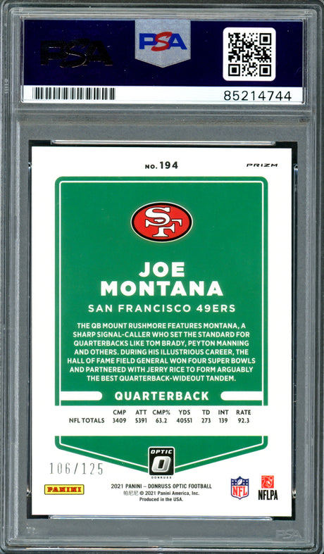 Joe Montana Autographed 2021 Donruss Optic Prizm Silver Circles Card #194 San Francisco 49ers Auto Grade Gem Mint 10 #106/125 PSA/DNA #85214744