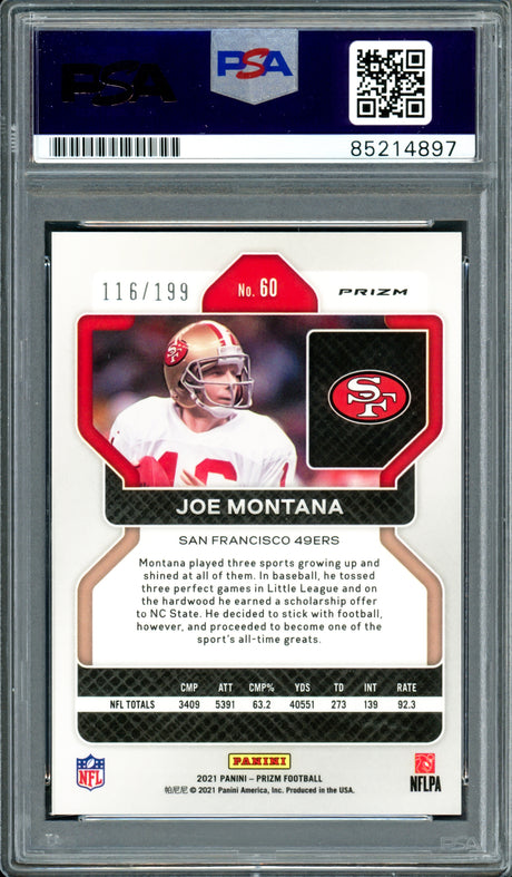 Joe Montana Autographed 2021 Panini Prizm Blue Card #60 San Francisco 49ers Auto Grade Gem Mint 10 #116/199 PSA/DNA #85214897