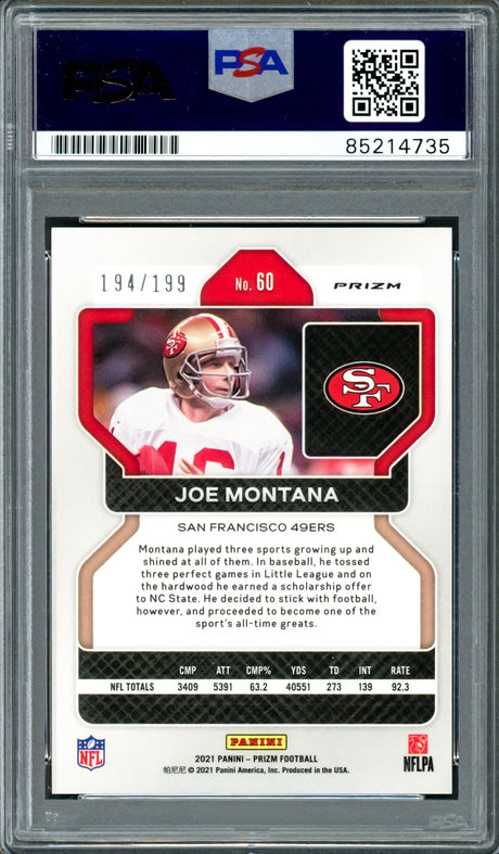 Joe Montana Autographed 2021 Panini Prizm Blue Card #60 San Francisco 49ers Auto Grade Gem Mint 10 #194/199 PSA/DNA #85214735