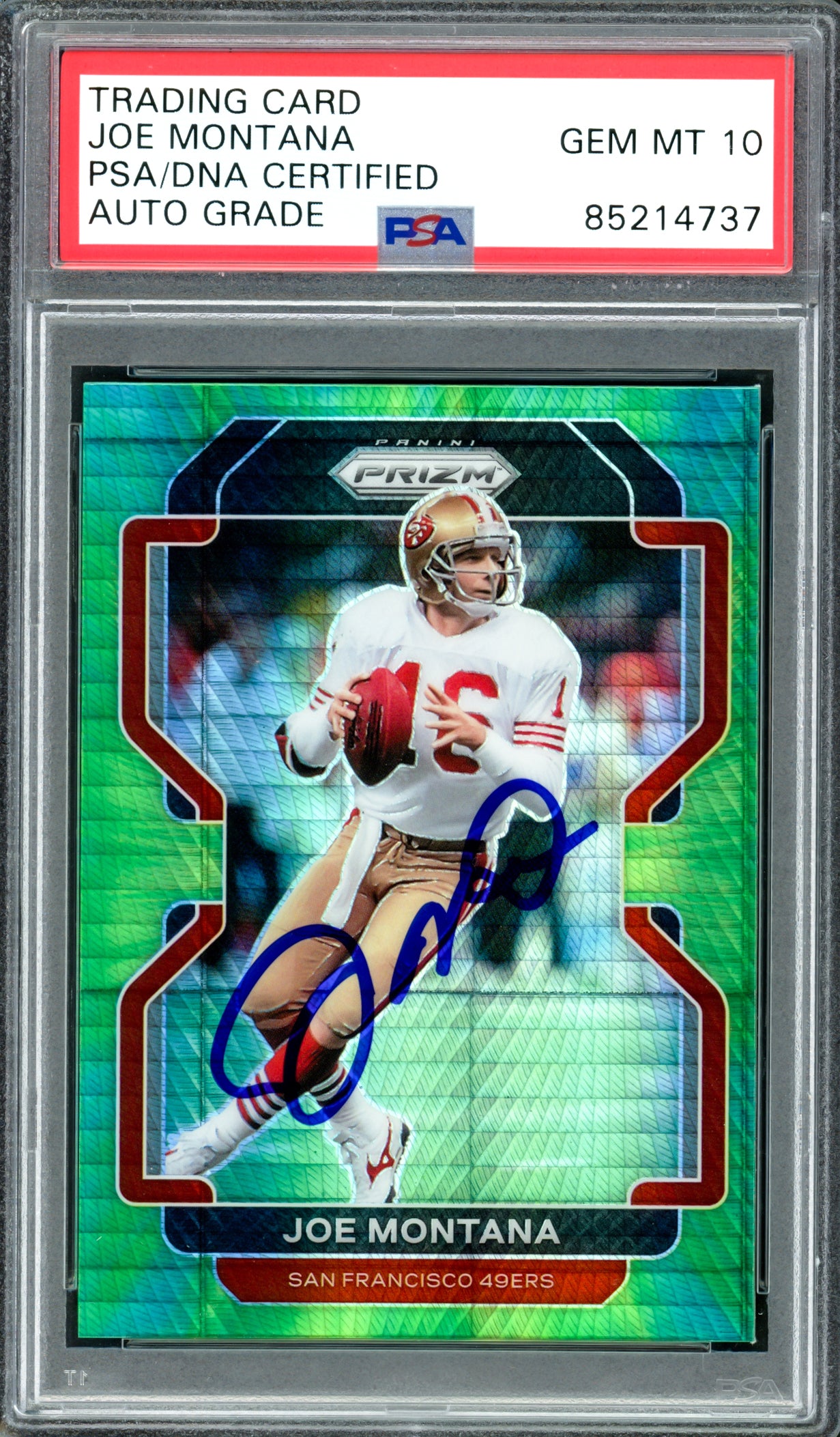 Joe Montana Autographed 2021 Panini Prizm Hyper Green Card #60 San Francisco 49ers Auto Grade Gem Mint 10 #107/175 PSA/DNA #85214737