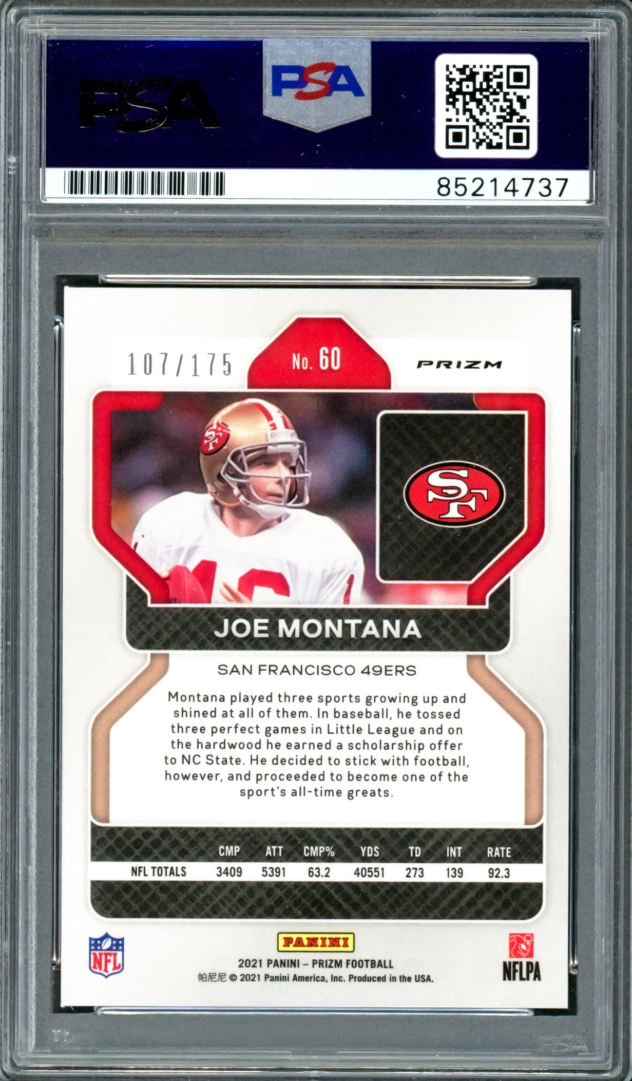 Joe Montana Autographed 2021 Panini Prizm Hyper Green Card #60 San Francisco 49ers Auto Grade Gem Mint 10 #107/175 PSA/DNA #85214737