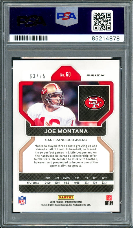 Joe Montana Autographed 2021 Panini Prizm Green Scope Card #60 San Francisco 49ers Auto Grade Gem Mint 10 #63/75 PSA/DNA #85214878