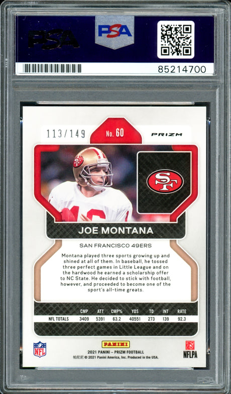 Joe Montana Autographed 2021 Panini Prizm Red Wave Card #60 San Francisco 49ers Auto Grade Gem Mint 10 #113/149 PSA/DNA #85214700