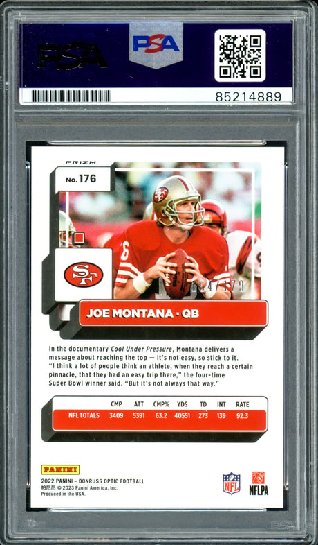 Joe Montana Autographed 2022 Donruss Optic Prizm Blue Card #176 San Francisco 49ers Auto Grade Gem Mint 10 #164/179 PSA/DNA #85214889