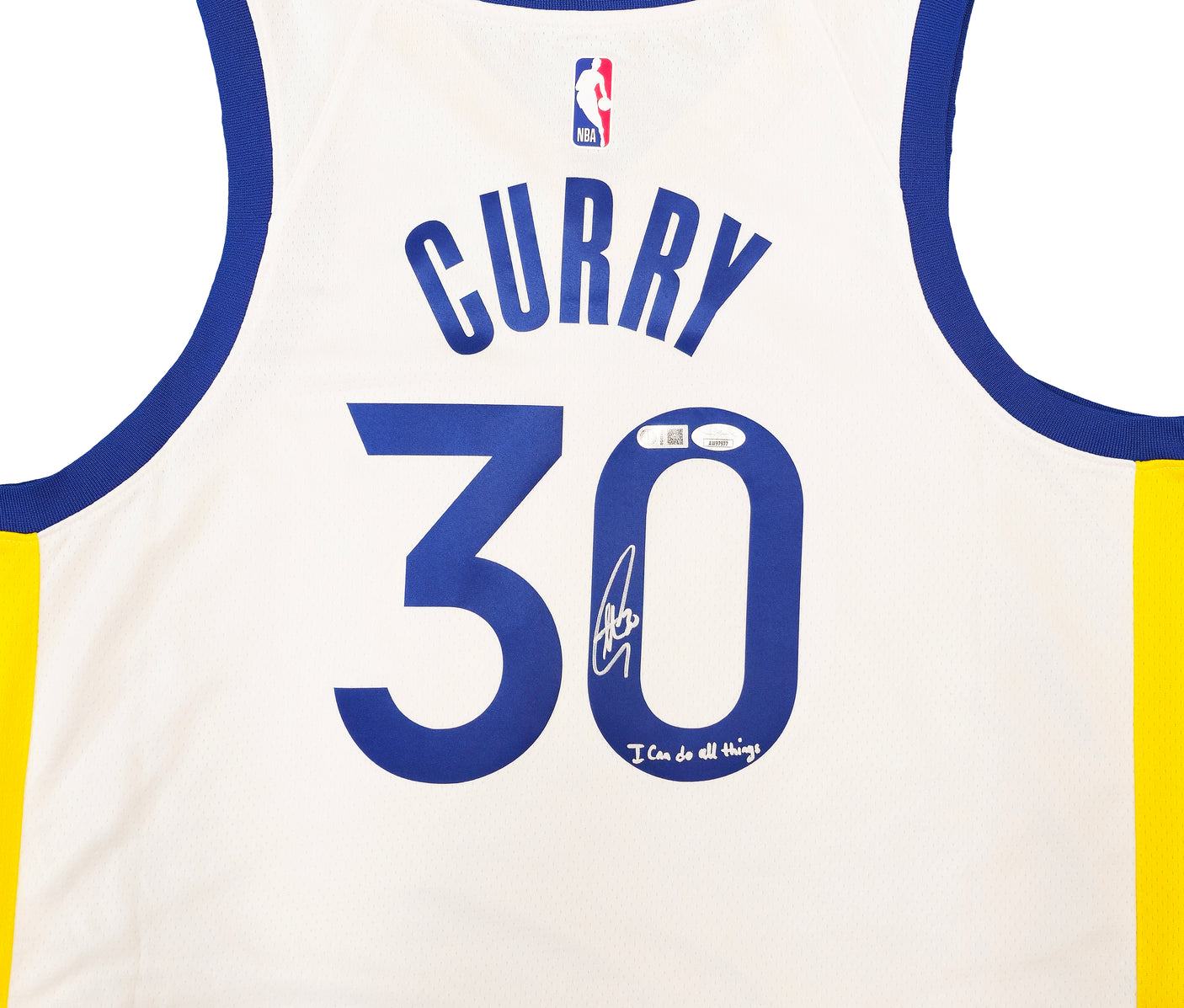 Golden State Warriors Stephen Curry Autographed White Nike Swingman Association Edition Jersey Size 48 "I Can Do All Things ..." JSA Stock #235507