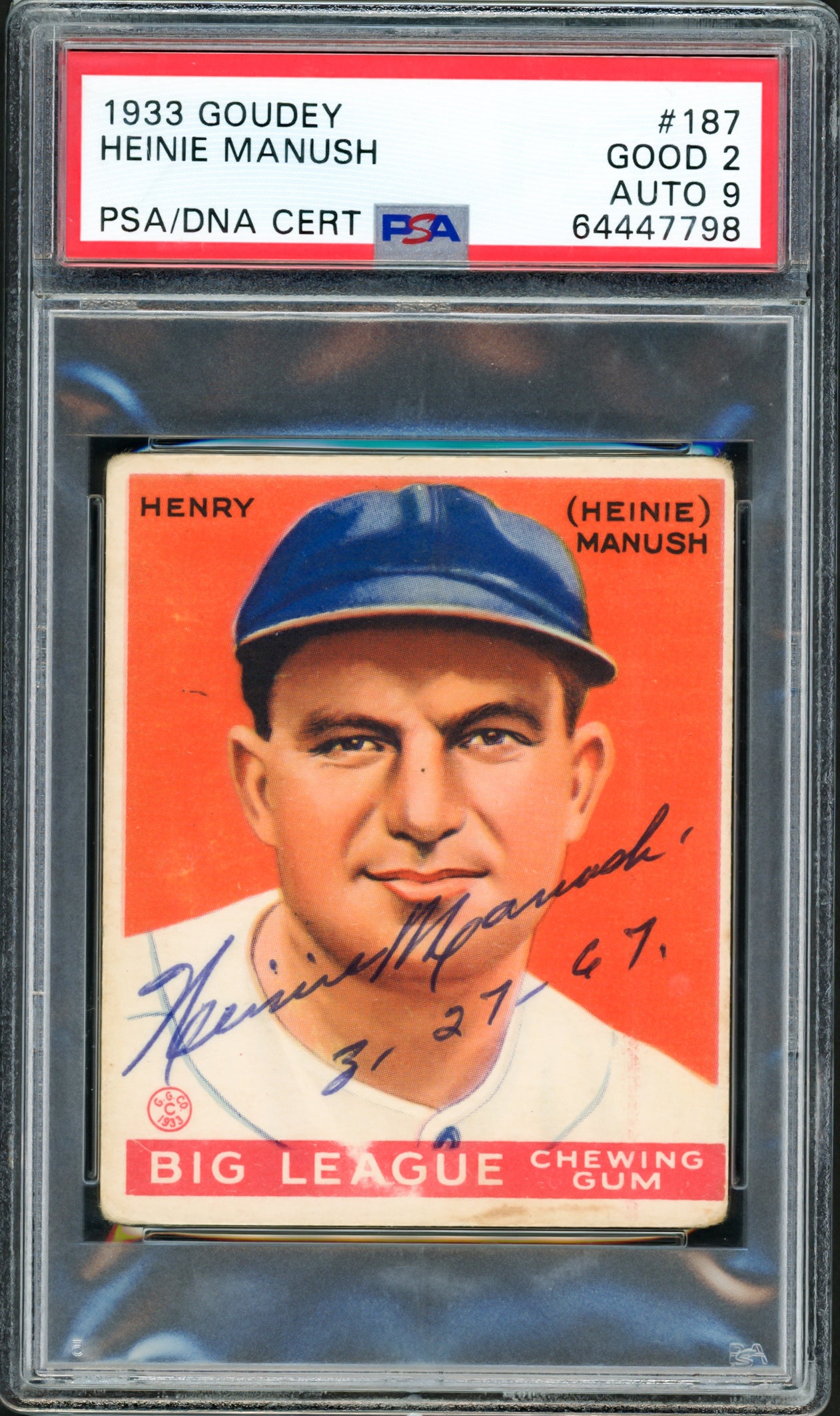 Heinie Manush Autographed 1933 Goudey Rookie Card #187 Washington Senators PSA 2 Auto Grade Mint 9 PSA/DNA #64447798