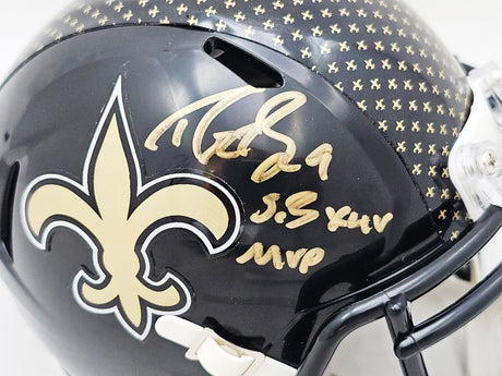 Drew Brees Autographed New Orleans Saints 2022 Alternate Black Speed Mini Helmet "SB XLIV MVP" Beckett BAS Witness Stock #220586