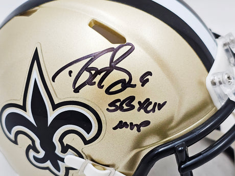 Drew Brees Autographed New Orleans Saints Gold Speed Mini Helmet "SB XLIV MVP" Beckett BAS Witness Stock #220585