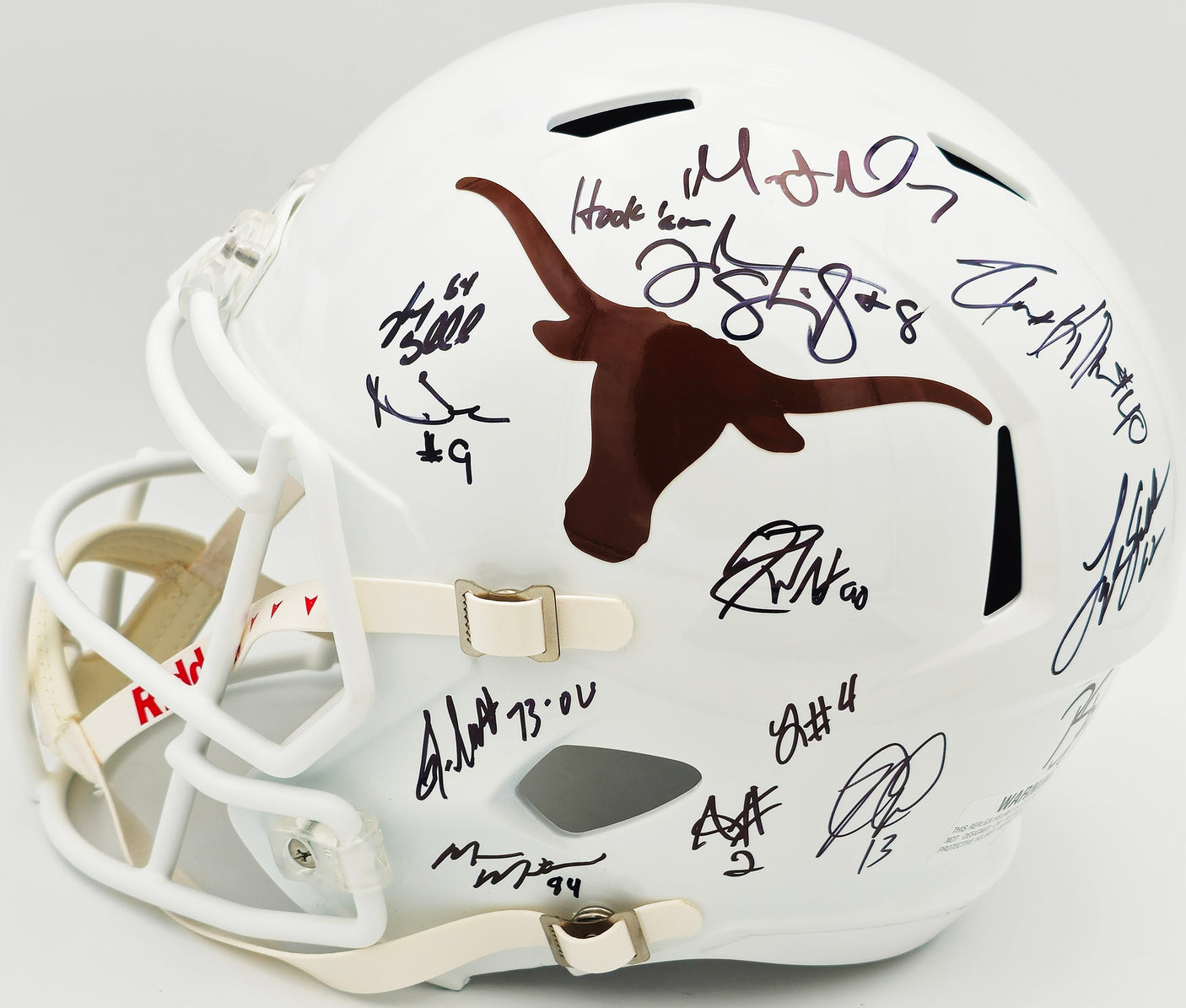 2005 CFB National Champions Texas Longhorns Autographed White Full Size Speed Replica Helmet With 24 Signatures Including Vince Young Beckett BAS QR Stock #234966