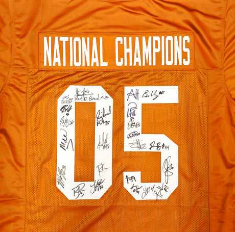 2005 CFB National Champions Texas Longhorns Autographed Orange Jersey With 24 Signatures Including Vince Young Beckett BAS QR Stock #234967