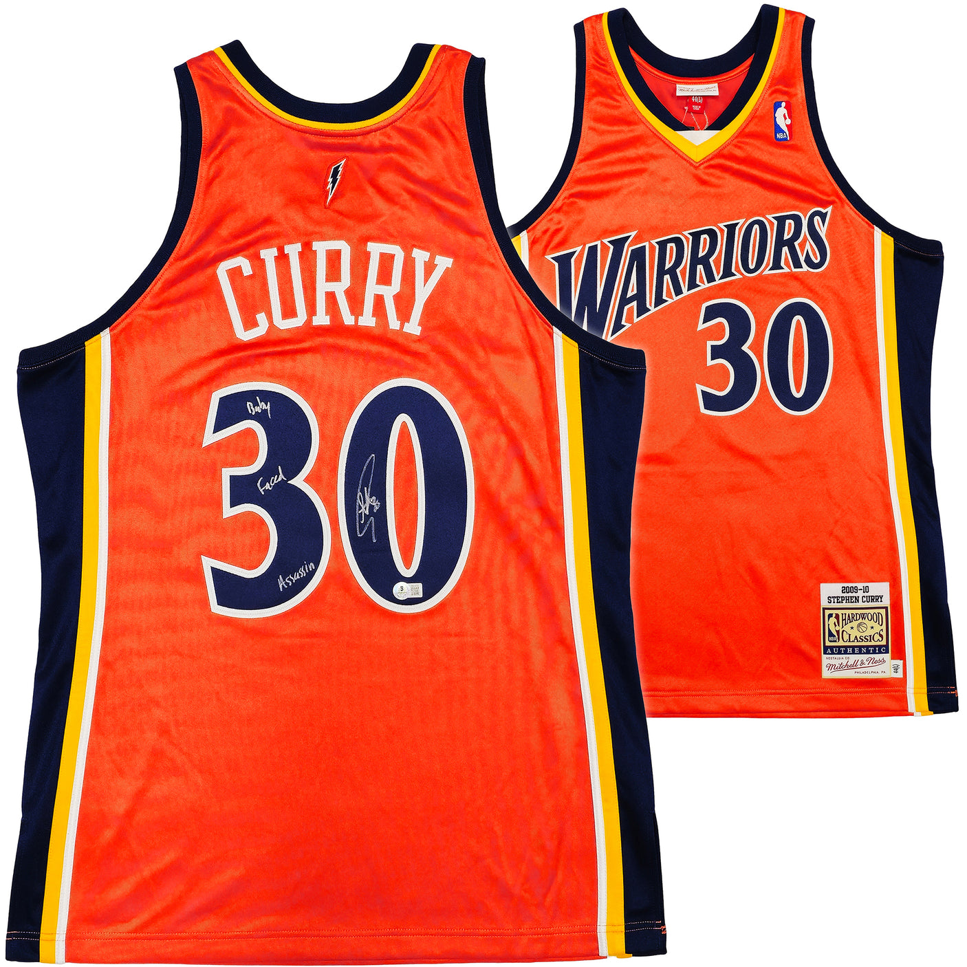 Golden State Warriors Stephen Curry Autographed Orange Authentic Mitchell & Ness 2009-10 HWC Authentic Rookie Jersey Size 44 "Baby Faced Assassin" Beckett BAS QR Stock #234960