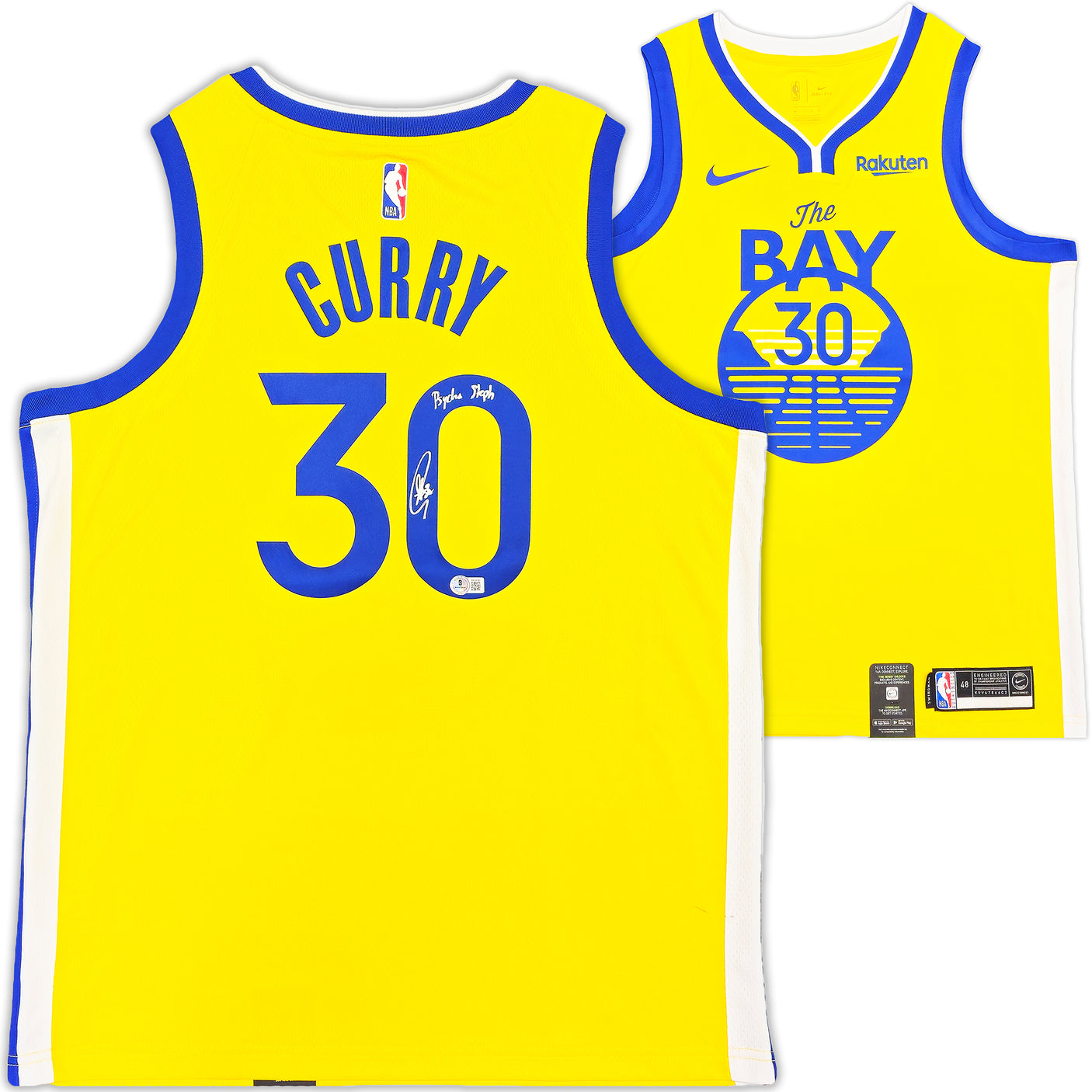 Golden State Warriors Stephen Curry Autographed Yellow Nike Swingman Jersey Size 48 "Psycho Steph" Beckett BAS QR Stock #234963