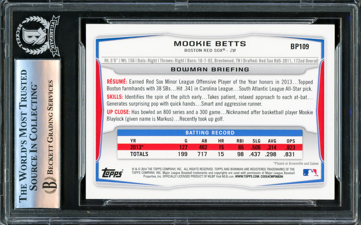 Mookie Betts Autographed 2014 Bowman Rookie Card #BP109 Boston Red Sox Beckett BAS Stock #221173