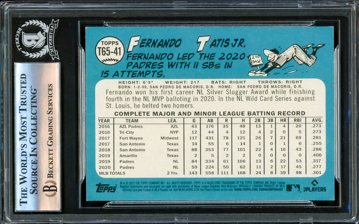 Fernando Tatis Jr. Autographed 2021 Topps 1965 Throwback Card #T65-41 San Diego Padres Beckett BAS Stock #221218