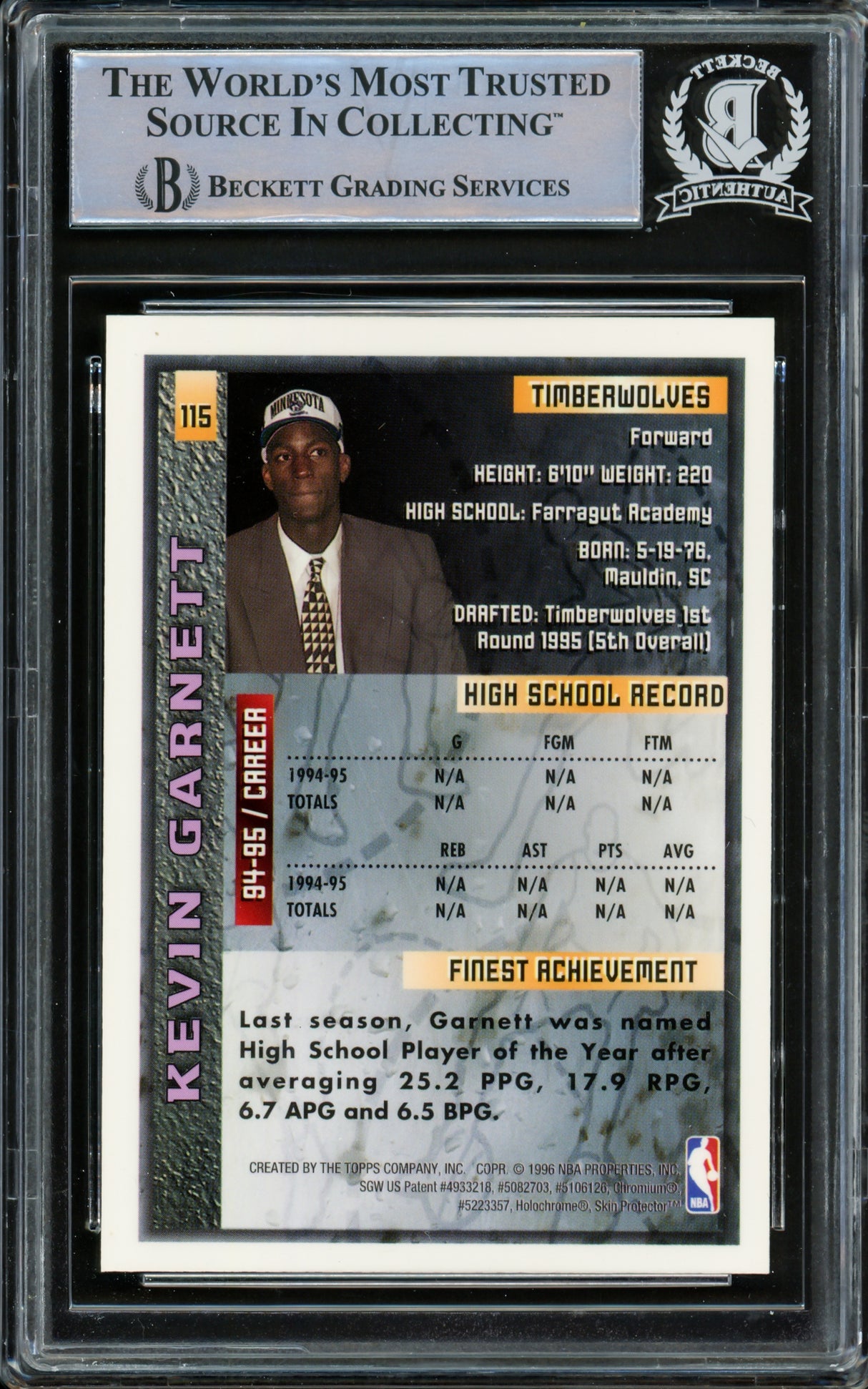 Kevin Garnett Autographed 1995-96 Topps Finest Rookie Card #115 Minnesota Timberwolves Beckett BAS #14612505