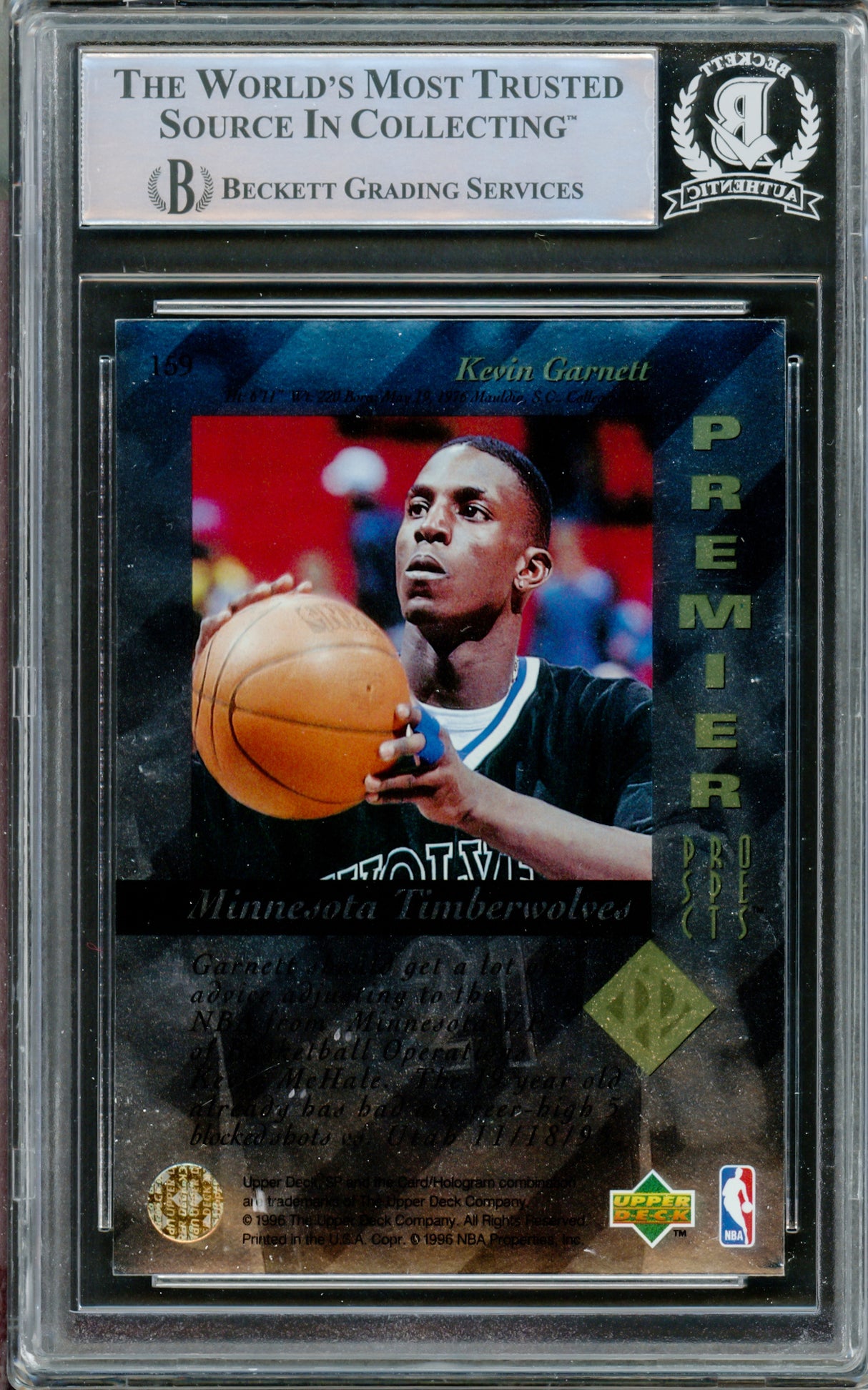 Kevin Garnett Autographed 1995-96 SP Authentic Rookie Card #159 Minnesota Timberwolves Beckett BAS #14612516