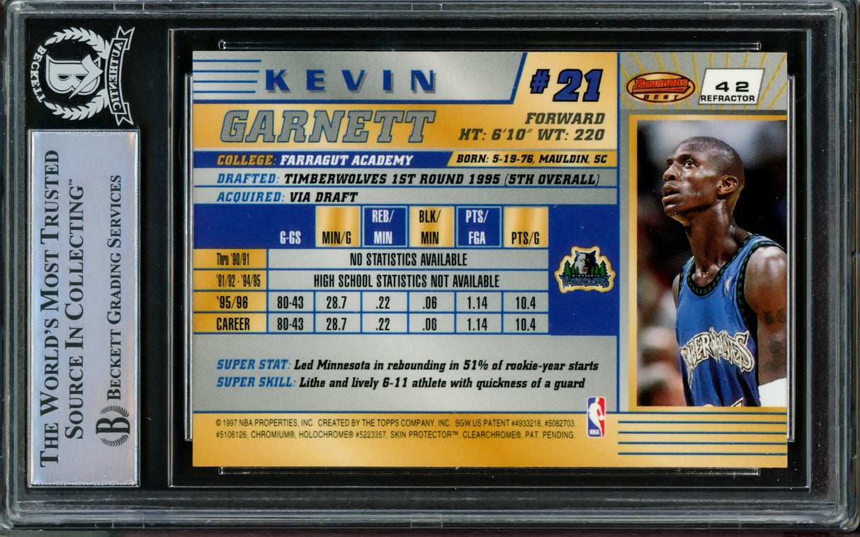 Kevin Garnett Autographed 1996-97 Bowman's Best Refractor Card #42 Minnesota Timberwolves Beckett BAS #14612527