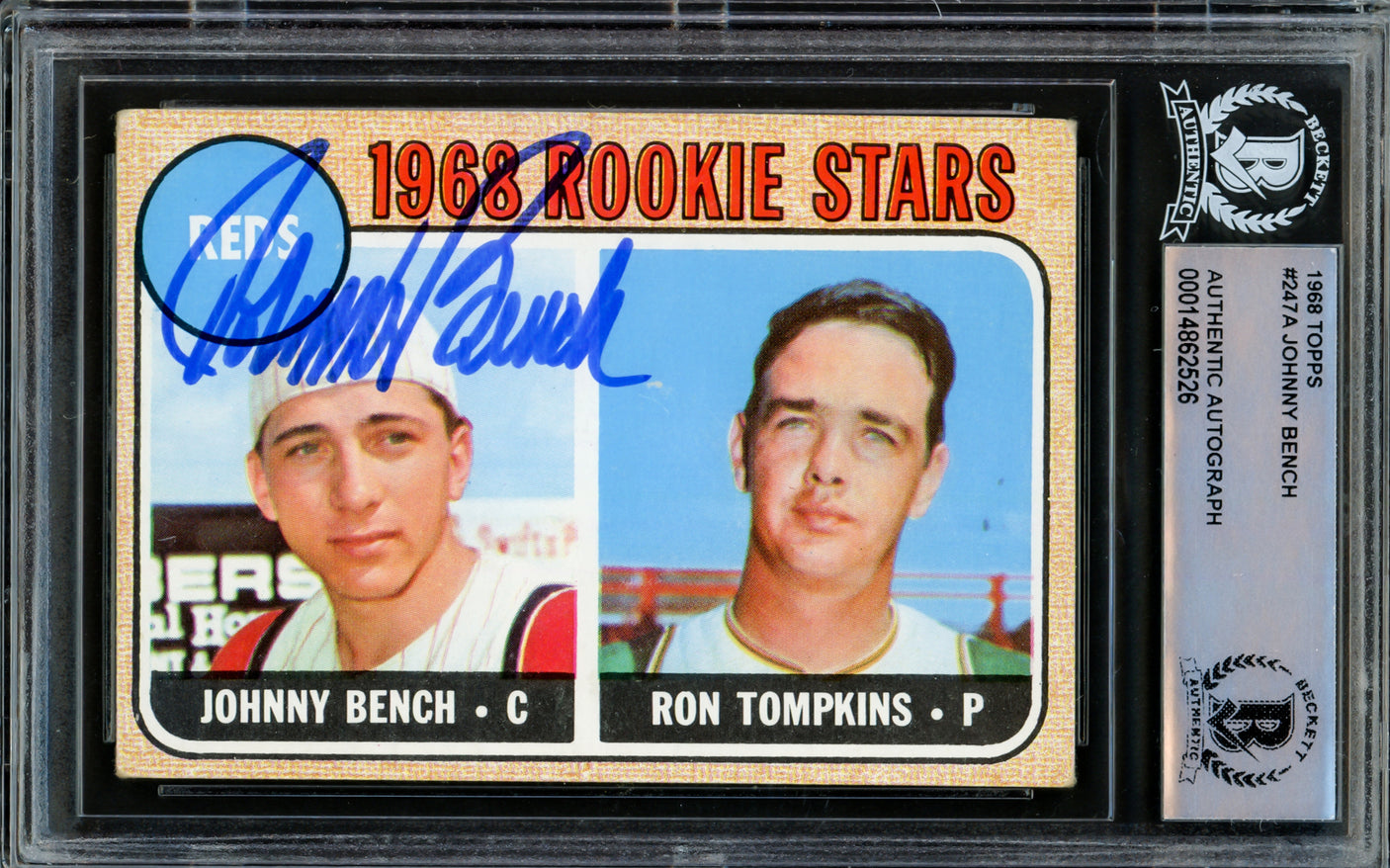 Johnny Bench Autographed 1968 Topps Rookie Card #247 Cincinnati Reds Beckett BAS #14862526