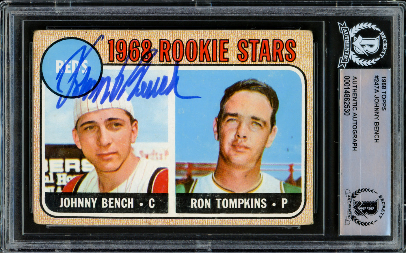 Johnny Bench Autographed 1968 Topps Rookie Card #247 Cincinnati Reds Beckett BAS #14862530